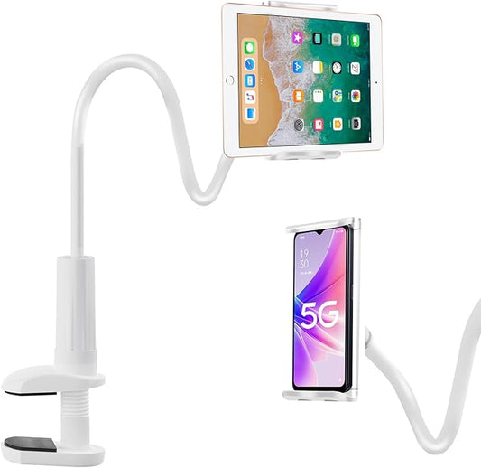 ZUYEE Gooseneck Tablet Holder for Bed 4-10.5" Devices iPad Holder Stand Desk Mount Clip 30 inch Flexible Arm Clamp for iPad mini Air Galaxy Tabs Nintendo Switch Kindle Fire Cell Phone White