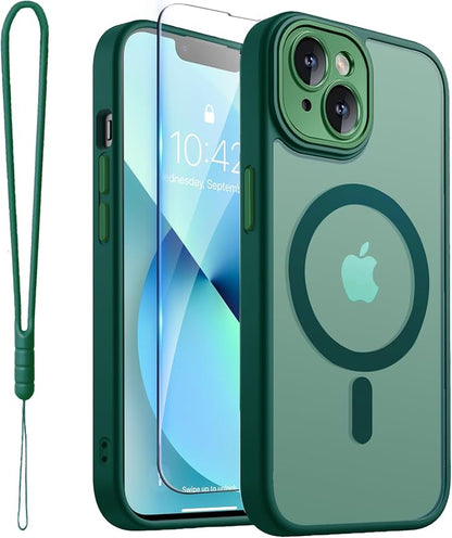 ROYBENS for iPhone 13 Matte Clear Case Compatible with Magsafe, Full Camera Lens Protection, Screen Protector, Wrist Strap, Translucent Magnetic Slim Hard Protective Phone Cover,6.1-Inch, Green