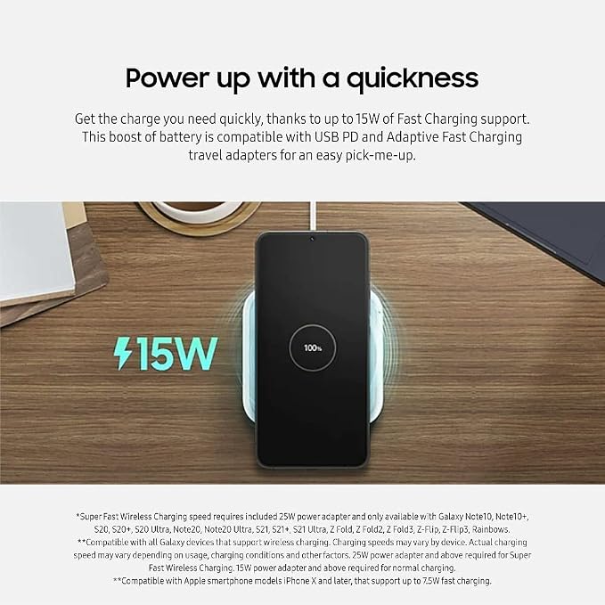 Samsung 15W Wireless Charger Single, Cordless Super Fast Charging Pad for Galaxy Phones and Devices, Compact Design, LED Indicator, USB C Cable Included, 2022, US Version, Grey