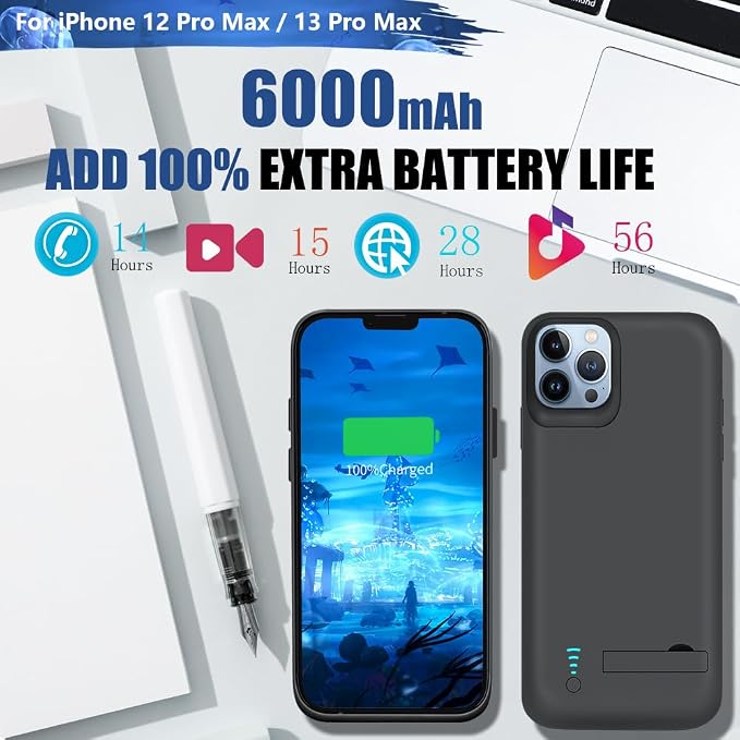 Battery Case for iPhone 12 Pro Max & iPhone 13 Pro Max, 6000mAh Rechargeable Extended Battery Charging Charger Case, Add 100% Extra Juice (6.7 Inches) Black