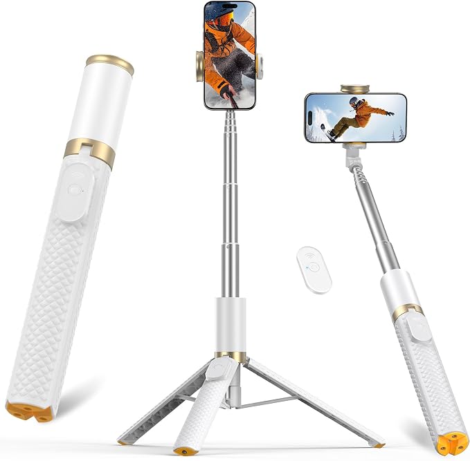 Phone Tripod & Selfie Stick with Remote, Portable, Lightweight for Video Recording Vlog, Extendable Travel Tripod Stand Compatible with iPhone Android, White, 62"