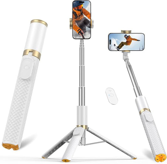 Phone Tripod & Selfie Stick with Remote, Portable, Lightweight for Video Recording Vlog, Extendable Travel Tripod Stand Compatible with iPhone Android, White, 62"