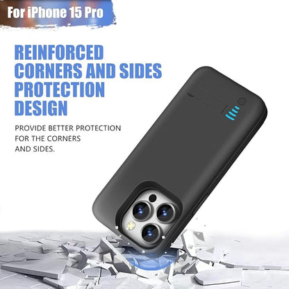 Battery Case for iPhone 15 Pro, 5000mAh Rechargeable Extended Battery Charging/Charger Case, Add 100% Extra Juice (6.1 inch) Black