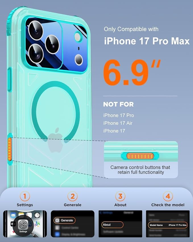 for iPhone 17 Pro Max Waterproof Case with Magsafe, Built-in [Camera & Screen Protector] [Lanyard], IP68 Water Proof Full Body Dustproof Heavy Duty Frosted Protective Phone Cover, 6.9" Teal