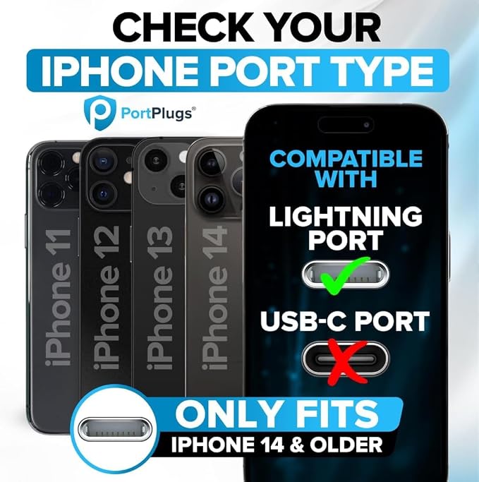 PortPlugs Aluminum Dust Plugs – Compatible with Lightning for iPhone 14, 13, 12, 11, XS, XR, X, 8, 7, Plus, Max, Pro & iPad – Port Covers with Holders & Cleaning Brush | Black (2-Pack)