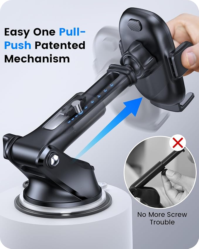 OQTIQ 3-in-1 Car Phone Mount for Dashboard, Windshield & Air Vent – Strong Suction Cup Holder with Adjustable Arm & 360° Rotation – Universal Car Cell Phone Holder for iPhone & Android Smartphones