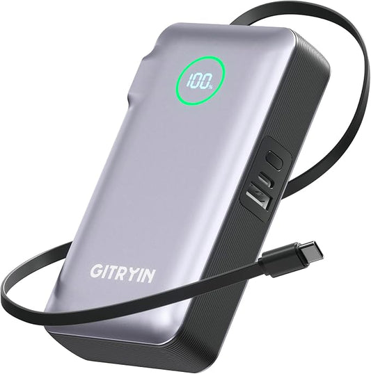 Portable Charger with Built in 25.6in Retractable Cable and Wall Plug, 10000mAh USB C Travel Power Bank, 35W Fast Charging Battery Pack Compatible with iPhone 16 15 14 13 Samsung Android Phone etc