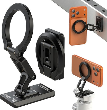 Dual Magnetic Phone Holder Gym Magnetic Stand,Tripod Phone Mount (1/4'' Hole& ARCA-Swiss),Portable Phone Grip for iPhone 12/13/14/15/16/17-Desk/Car/Gym/Golf Cart/Airplane Use Stand (Black)