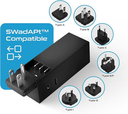 Ceptics 65W World Travel Adapter 3 USB Ports PD 3.0 Ultra Compact Charger 2 US Outlets [GaN Tech], Quick Type C, Charge Laptops, Cellphones in Europe, Asia, Africa, America and More