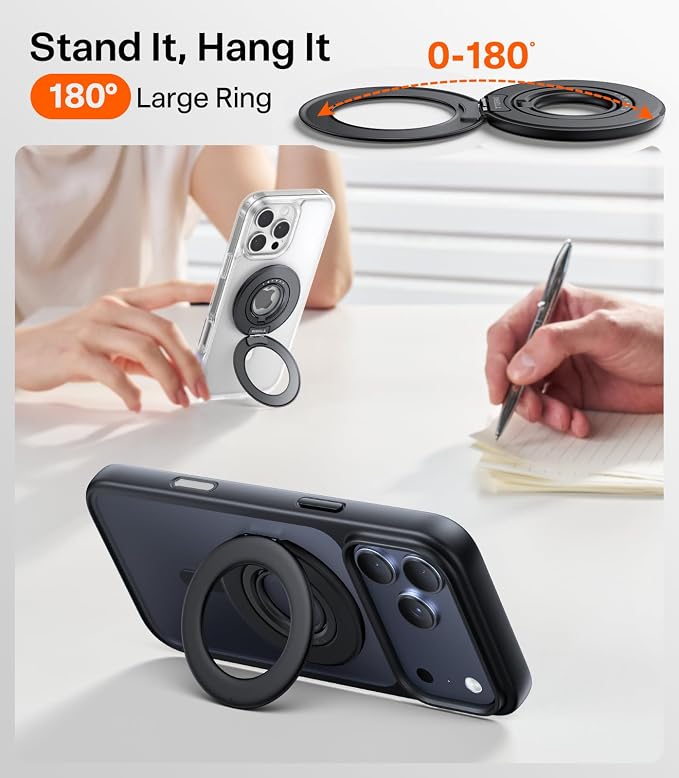 TORRAS 2025 Flagship Magnetic Phone Grip Ring Holder Kickstand [2-Sided Magnetic] [360 Rotation] Fit for MagSafe Accessories for iPhone 17 16 15 14 13 12 11 Samsung, Google, Black