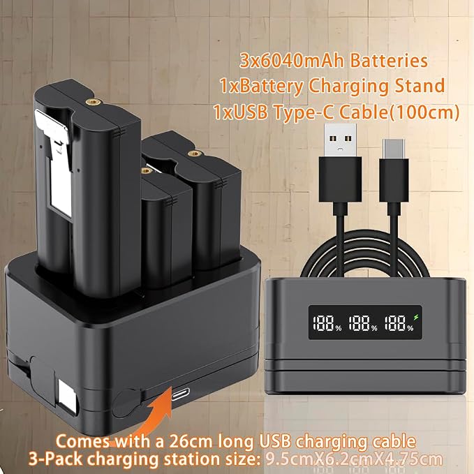 Charging Station for Ring Battery,3 Pack 3.65V 6040mAh,3-Slot LED Display Charger with Type-C Cable,Compatible with 2/3/4/Plus/Spotlight/Stick Up Cam Batteries and Others