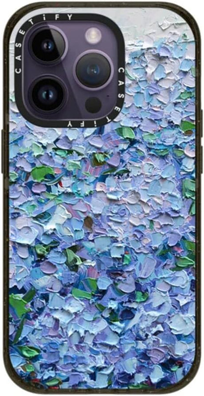 CASETiFY Impact iPhone 14 Pro Case [4X Military Grade Drop Tested / 8.2ft Drop Protection/Compatible with Magsafe] - Nantucket Blue Hydrangeas - Glossy Black