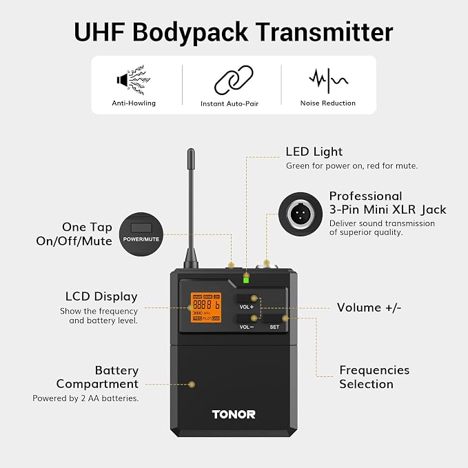 TONOR UHF Wireless Microphone System with Headset Lavalier Lapel Mic, Bodypack Transmitter, Rechargeable Receiver, 2 * 15 Channels 60 m/200ft Range 1/4" Output for Recording, 2 Bodypack Mics