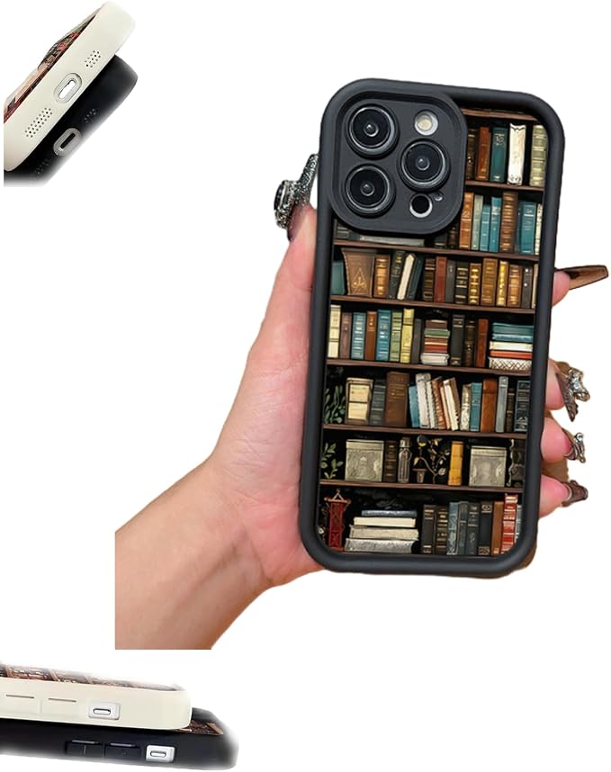 Bookshelf Phone Case, Book Phone Case, Non Slip TPU Soft for Men Women, Vintage Portable for Iphone16/15/14/13pro Max (Black,iPhone 15Plus)