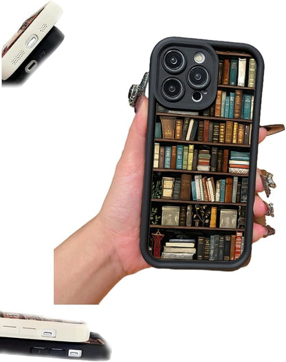 Bookshelf Phone Case, Book Phone Case, Non Slip TPU Soft for Men Women, Vintage Portable for Iphone16/15/14/13pro Max (Black,iPhone 16ProMax)