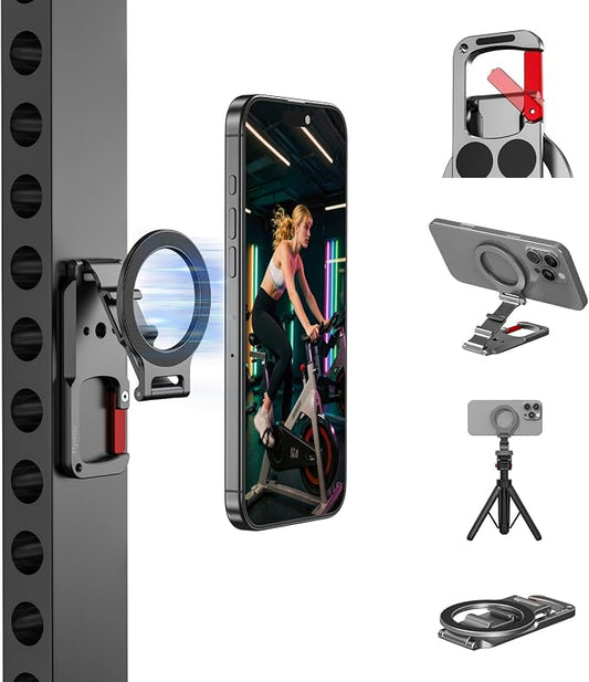 Magnetic Phone Mount for MagSafe, Maglock Tripod Adapter Magnet Golf Gym Workout Stand Metal Carabiner Dual Holder with 1/4 Screw Hole, for iPhone 16 15 14 13 12 Series Foldable Portable Accessories