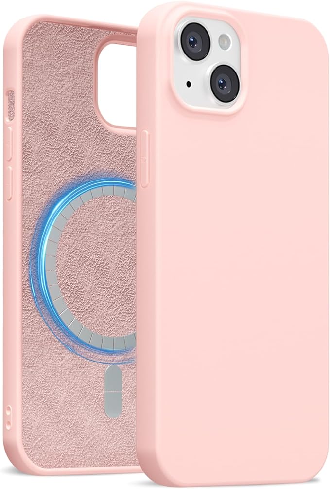 for iPhone 14/ iPhone 13 Case Silicone Compatible with Magsafe Case, Ultra Slim Thin Magnetic Phone Cases Mag Safe, Cute Soft Rubber Gel TPU Matte Wireless Charging Cover for Women, Light Pink
