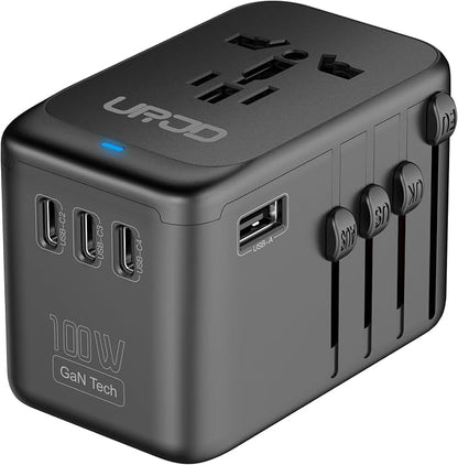 Universal Travel Adapter 100W GaN Fast Charger in One for Europe UK US | 5 USB Ports, 2500W AC Outlet, Compatible for MacBook iPhone iPad Laptop Phone, International Power Adapter for 200+ Countries