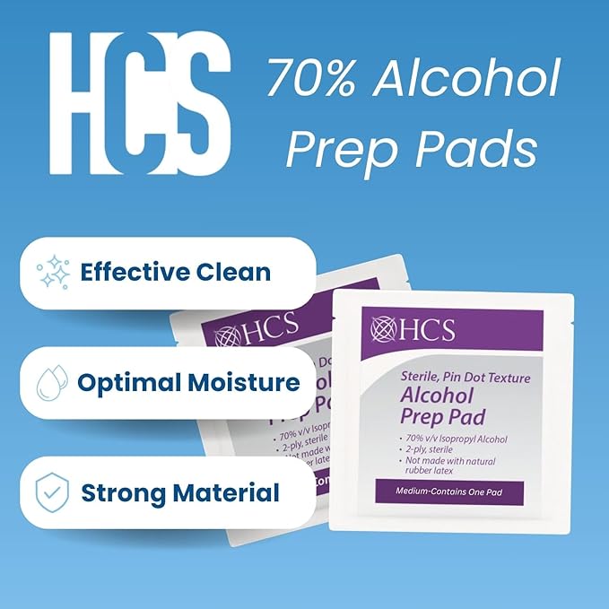 HCS Bulk Medium Alcohol Prep Pads - Textured, 70% Isopropyl Alcohol Wipes, Individually Wrapped - 2 ply, Sterile Skin Prep Swabs for Injections, First Aid (4000/Case)