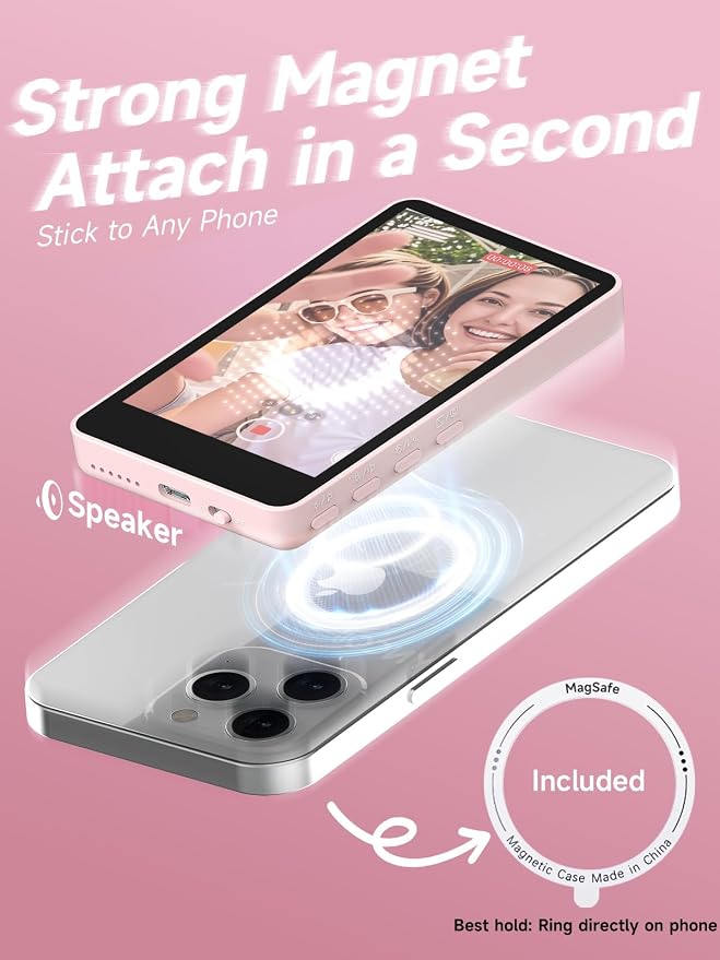 Synco XView Selfie Monitor Screen for iPhone 7-16 Series, Secure Private Wireless P2P, 4K/1080p Magnetic Back Camera Vlog Monitor with 164FT Range for YouTube TikTok (Pink)