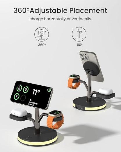 3 in 1 Charging Station for Apple Devices, Fast Charging Magsafe Charger Stand with LED Light and 20W PD Adapter, Wireless Nightstand Charger for iPhone17/16/15/14/13/12 Series,AirPods,iWatch and More