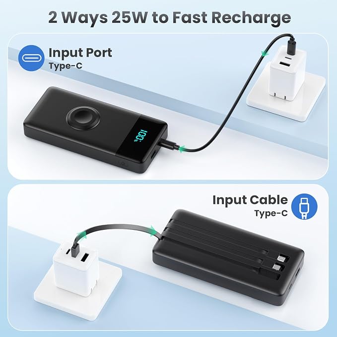 Portable Charger 10800mAh QC4.0+PD 25W Fast Charging USB C Power Bank,6 Outputs LCD Display Travel Battery Pack Compatible with iPhone 16/15/14/13, Android etc