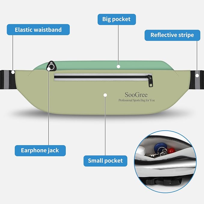 SooGree Running Waist Pack for Men Women, Lightweight Waterproof Sports Belt Bag, Phone Running Pouch, Night Reflective Fitness Storage Bag for Running Cycling Hiking Traveling (Green/Light Green)