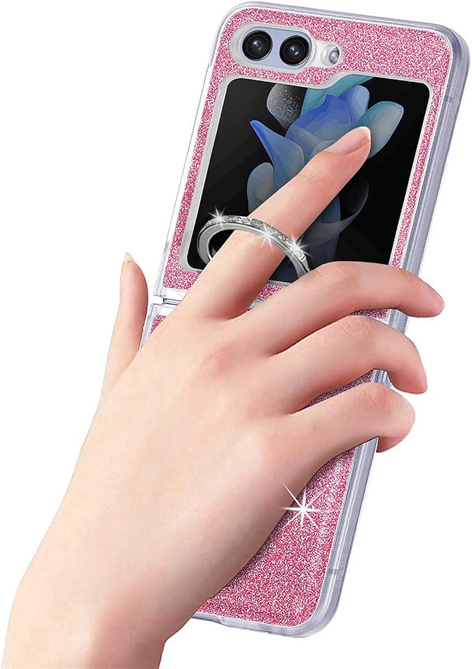 Bling Glitter Case for Samsung Galaxy Z Flip 6 with Ring Holder,Women Girls Cute Phone Case Non Slip Ultra Slim TPU Bumper Shockproof Protective Case for Galaxy Z Flip 6 5G 2024,Pink