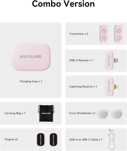 Hollyland Lark A1 Wireless Mini Microphone for iPhone & Android, 48kHz/24-bit, 3-Level Intelligent Noise Cancel, Microphone for YouTube, Podcast, Vlogging (Pink, 2TX + 2RX + Charging Case)