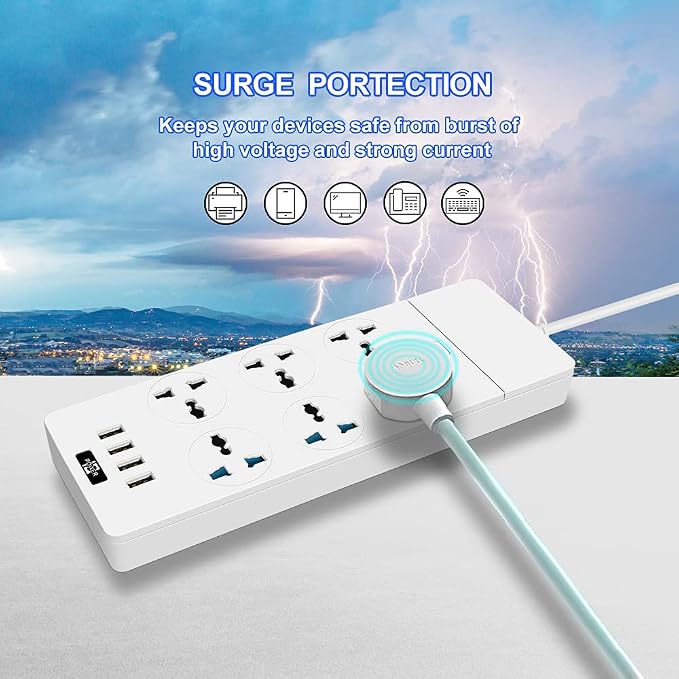 Universal Power Strip with 6 Oulets and 4 USB, 6.5ft Extension Cord 3000W Universal Power Strip Surge Protector 110V-250V Extension Lead for Home Office Dorm Room (White)