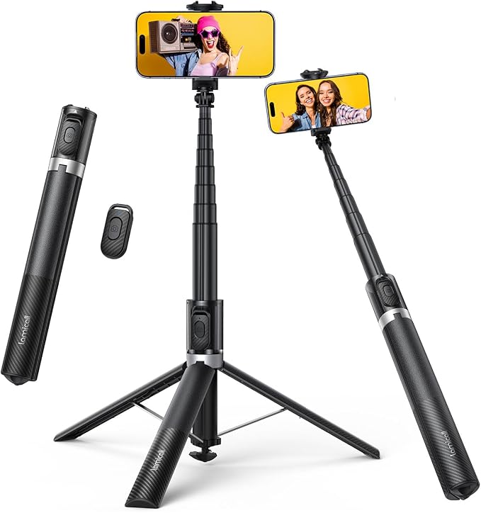 Lamicall 65" Phone Tripod & Selfie Stick - [Tap-to-Open] iPhone Tripod with Remote & Cold Shoe, Aluminum Phone Stand for Recording Compatible with iPhone for Video Recording Live Stream Vlog Black