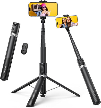 Lamicall 65" Phone Tripod & Selfie Stick - [Tap-to-Open] iPhone Tripod with Remote & Cold Shoe, Aluminum Phone Stand for Recording Compatible with iPhone for Video Recording Live Stream Vlog Black