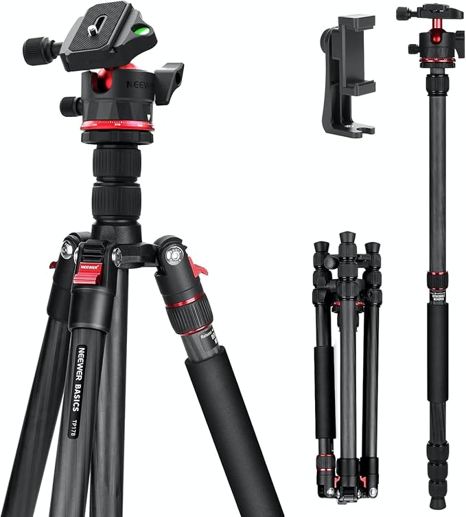 NEEWER Basics Carbon Fiber Travel Tripod Monopod, 64" Compact Lightweight Portable Camera Cell Phone Holder Stand Compatible with iPhone Video Recording, Arca Type Ball Head, Max Load 13.2 lbs, TP17B