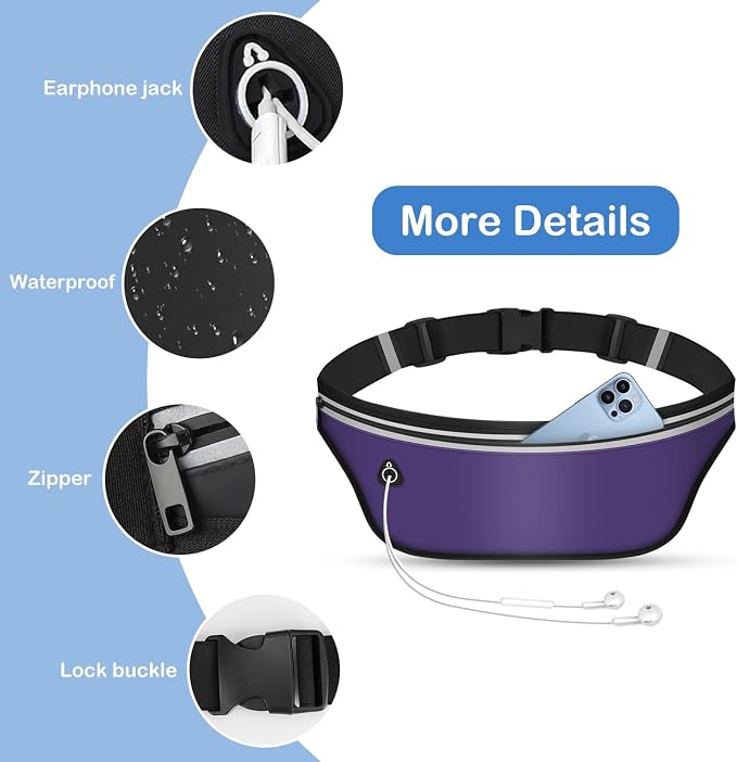 UltraSlim Fanny Packs for Women Men Slim Running Belt Waist Pack Runners Bag Waterproof Money Belt (Purple)