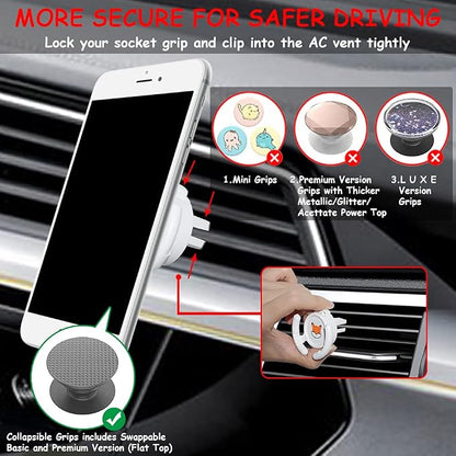 Car Vent Mount Holder - Compatible with Popsocket - Car Mount Made for Pop Socket Grips Collapsible Phone Holder for Pop Mount with Secure AC Vent Clip, Horizontal Air Vent ONLY (White)