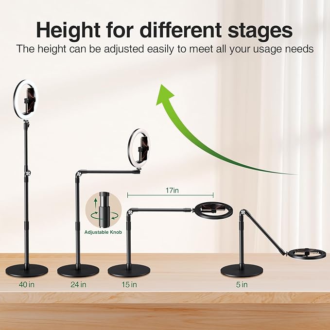 elitehood Overhead Phone Mount with Light for Video Recording, Adjustable Desk Ring Light with Stand and Phone Holder, Heavy Duty Overhead Camera Mount Tripod for iPhone Cooking Video, Filming Meeting