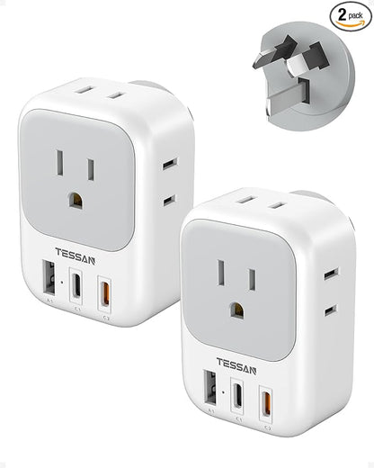 Australia Plug Adapter 2 Pack, TESSAN PD 20W New Zealand Power Adapter with 4 Outlets 3 USB Ports (2 USB-C), Type I Travel Adaptor for US to Australian Argentina China Fiji Samoa Tonga Kiribati