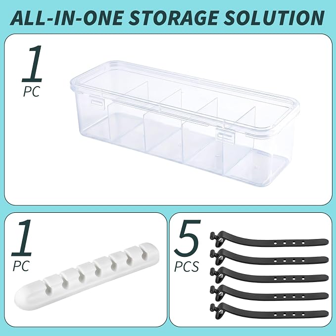 Charging Cord Storage Organizer- 5 Compartments | Charging Cord Organizer Box, with 5 Cable Ties and 1 Cable Clip,for Home Office Desk