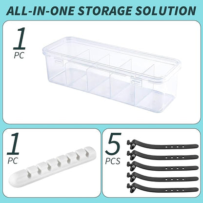 Charging Cord Storage Organizer- 5 Compartments | Charging Cord Organizer Box, with 5 Cable Ties and 1 Cable Clip,for Home Office Desk