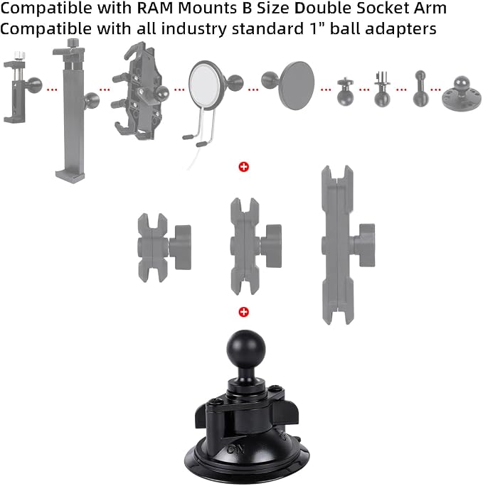 Suction Cup Base Mount with 25mm/1" Ball,Compatible with RAM Mounts and Other B Size Double Ball Socket Arm