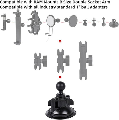 Suction Cup Base Mount with 25mm/1" Ball,Compatible with RAM Mounts and Other B Size Double Ball Socket Arm