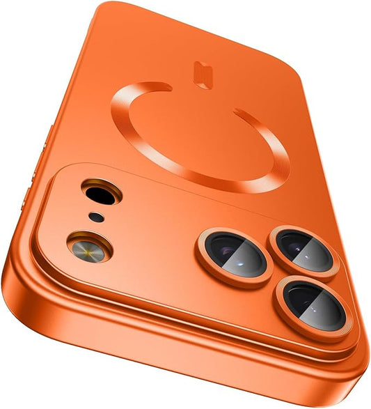 Magnetic for iPhone 17 Pro Case, Compatible with MagSafe, Built-in Camera Lens Protector, Slim Thin Soft Silicone Bumper Shockproof Metallic Luster Phone Case (Orange)