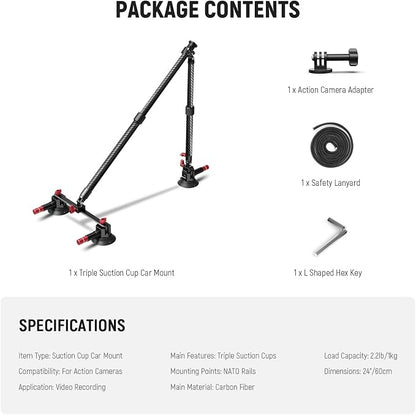 NEEWER Triple Suction Cup Car Mount Kit, Carbon Fiber Camera Mount with Action Camera Adapter, NATO Rail & 24"/60cm Extension Pole Compatible with GoPro Insta360, 2.2lb/1kg Max Load, CA136