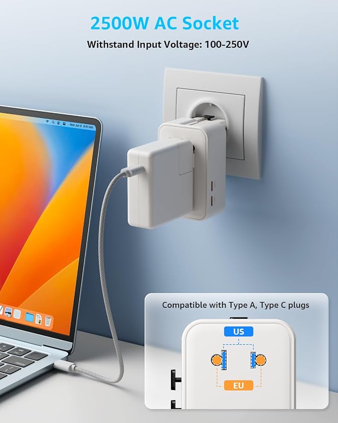 “Air” Universal Travel Adapter 2 USB-C＆ 2 USB-A Cover 200+ Countries | PD 25W, International Plug Adapter, All in One Portable Adapter, NOT A Voltage Converter, for USA, UK, EU, AU (White)