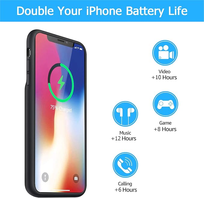 Battery Case for iPhone X/XS, [10000mAh] Enhanced Rechargeable Portable Protective Qi Wireless Charger Case Battery Support CarPlay Wireless Charging Case Compatible with iPhone X/XS (5.8 inch)-Black
