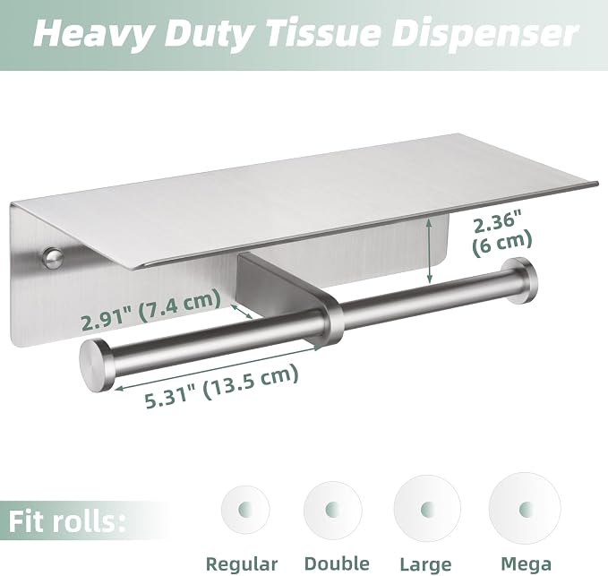 Double Toilet Paper Holder with Shelf Brushed Nickel, APLusee SUS 304 Stainless Steel Contemporary Tissue Roll Holder Mobile Phone Storage Rack