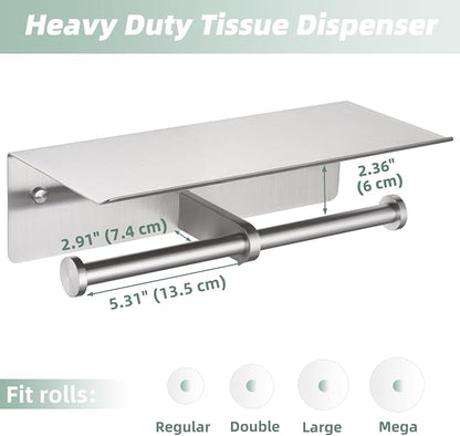 Double Toilet Paper Holder with Shelf Brushed Nickel, APLusee SUS 304 Stainless Steel Contemporary Tissue Roll Holder Mobile Phone Storage Rack