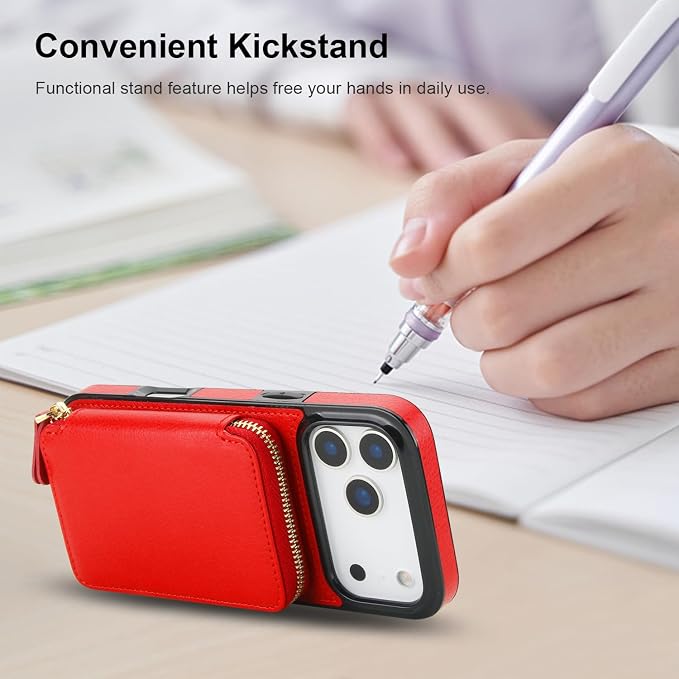 Bocasal Crossbody Wallet Case for iPhone 17 Pro Max, RFID Blocking Leather Purse Case with Card Holder, Protective Handbag Flip Cover with Zipper Wrist Strap Lanyard for Women 5G 6.9 Inch (Red)