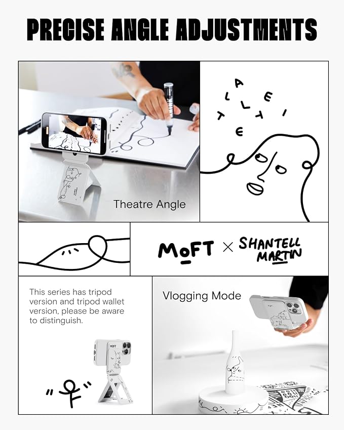 MOFT Phone Tripod Wallet x Shantell Martin for iPhone, Mulit-Angles, Lightweight & Portable Phone Stand, MOVAS Vegan Leather Phone Wallet, Strong Magnets, NFC Card Holder, Misty Cove (with Card Slot)