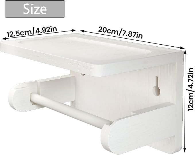 Drill-Free Toilet Paper Holder with Phone Shelf Bamboo Wall-Mounted, No-Drill & Drillable, Bathroom Storage Organizer, Space Saver Tissue Roll Rack for Bathroom, Kitchen, Home Decor (White)